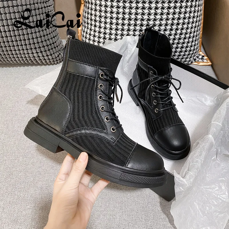 

Women's Leather Flying Woven Boots 2021 Autumn New Thick Bottom Lace-up Thin and Comfortable Light Weight Boots Women's Shoes