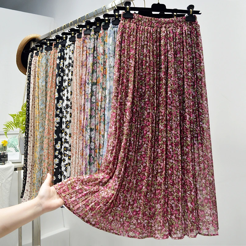 

Summer Skirts Womens 2021New Vintage Floral Print Chiffon Pleated Skirt Elastic High Waist Casual Midi Skirt Women Clothes Jupe