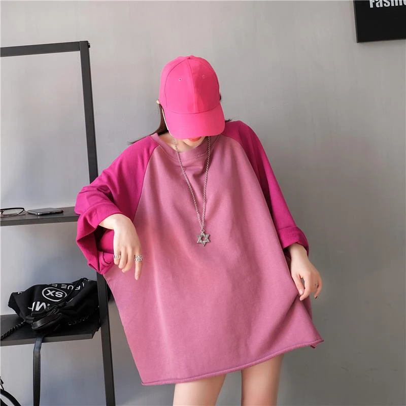 

Cotton Spliced Hit Color Women Long Sleeve T Shirts All-match Fashion Hip Hop Oversized Punk Clothing Streetwear Cool Stuff Pink