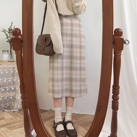 

Vintage plaid Women Skirts Autumn Pencil Long Girls Skirt Female Warm Thick Skirts Winter Mujer winter women winter skirt