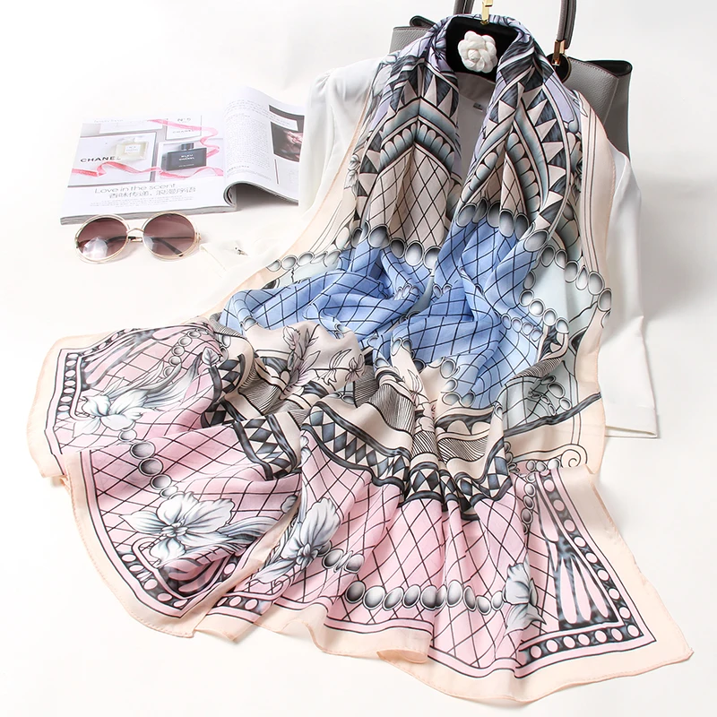 

100% Pure Silk Scarf For Women Luxury Natural Silk Neckerchief Echarpe Femme Long Silk Bufanda Print Shawls Neck Scarf 170x53cm
