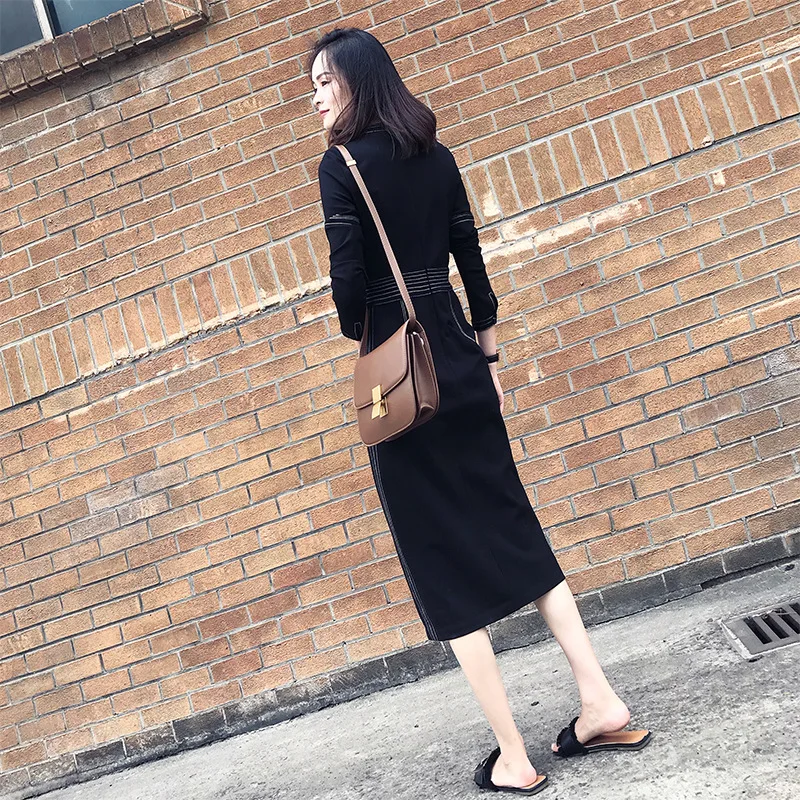

NORMOV Fashion Women Dress Solid Straight Patchwork O Neck Long Sleeve Cotton Dress Vintage Black Elegant Split Lady Dresses