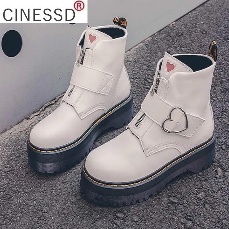 

2021 New Spring Autumn Motorcycle Boots Women Fashion Love Heart Round Toe Platform Wedges Combat Boots Ladies Shoes Botas Mujer