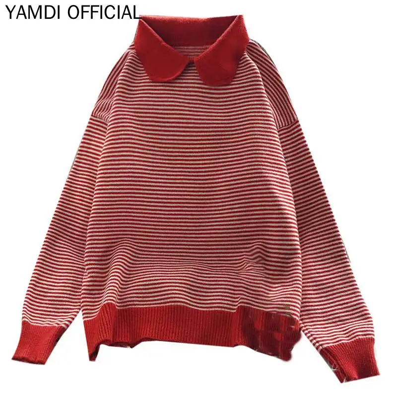 

YAMDI women sweater female 2019 autumn winter stripe turn down collar loose knitted warm jumper korean runway chic pullover woma