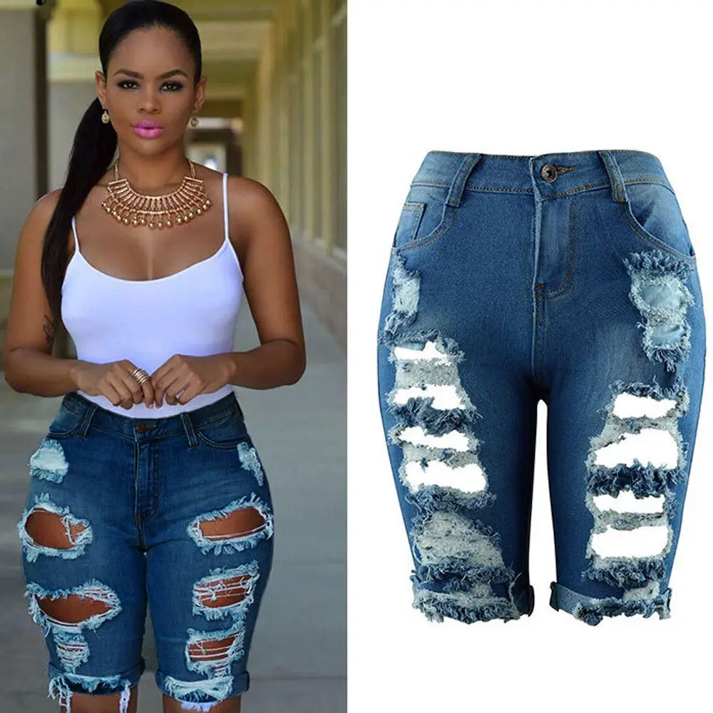 

Women Casual Denim Destroyed Bermuda Shorts Ripped Jeans Pants Five Cents Pants