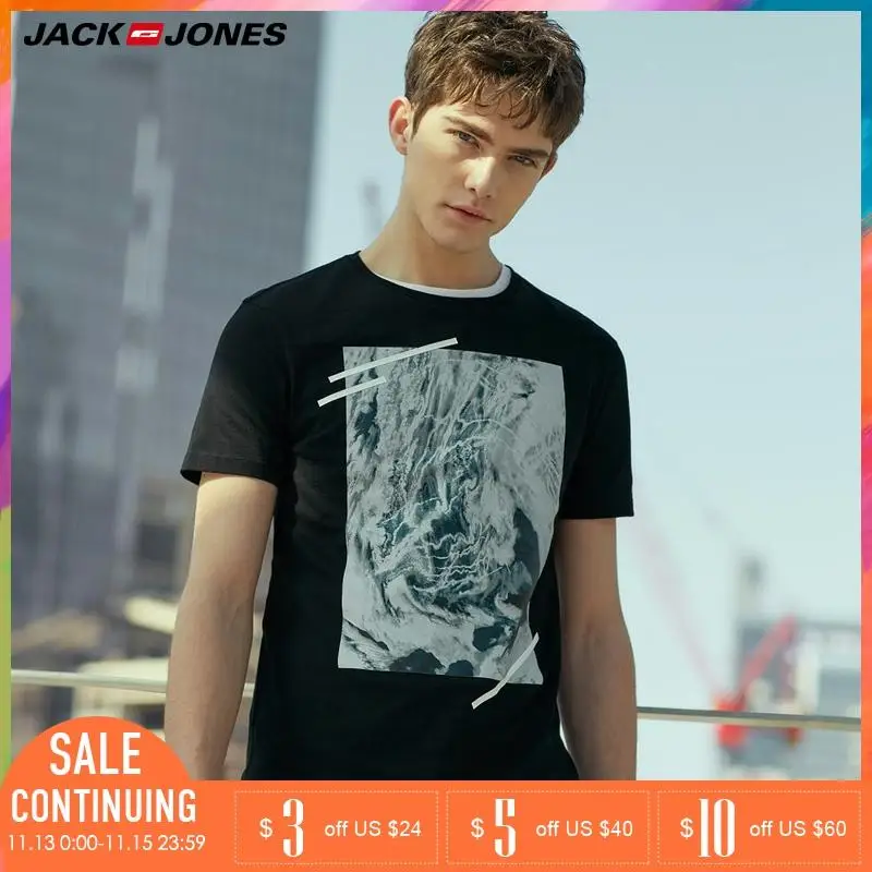 JackJones мужская осень и зима 100% хлопок Slim Fit Печатный круглый вырез Локоть рукава