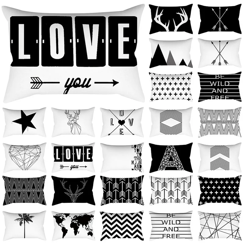 

30*50cm Black&White Geometric Print Rectangle Throw Pillow Cover Cushion Cover Pillowcase for Car Sofa Home Decor