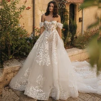 luxury church wedding dresses 2022 off the shoulder lace appliques sweetheart backless royal train bridal gowns organza bones