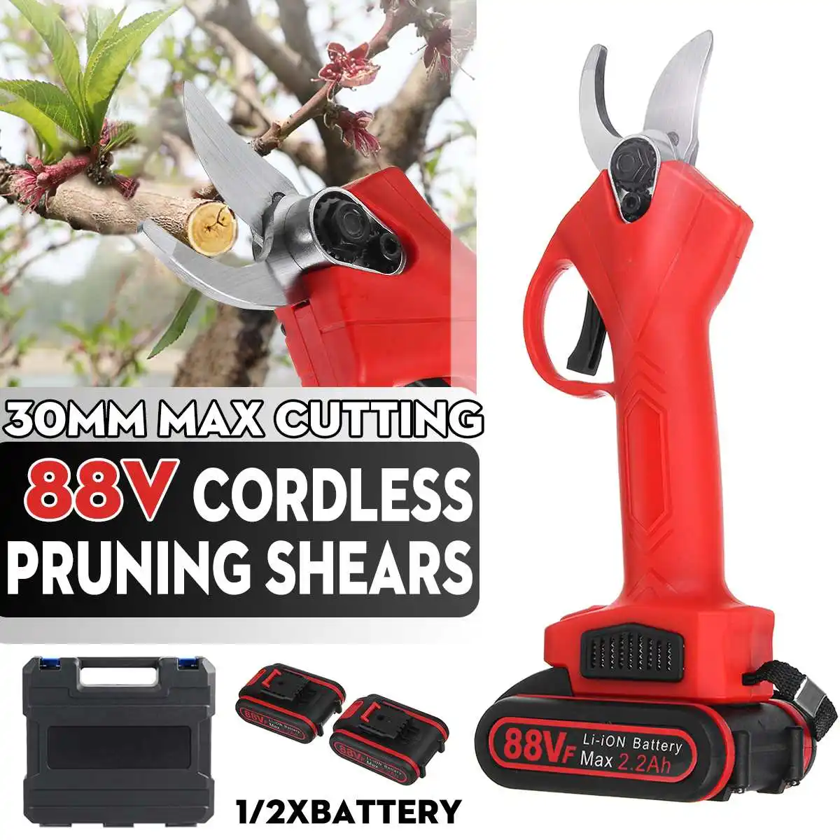 

88V Cordless Pruner Electric Pruning Shear with 2 Lithium-ion Battery Efficient Fruit Tree Bonsai Pruning Branche Cutter Scissor