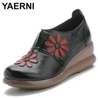 YAERNIWomen Embroider Flower Fashion Flat Increase Wedge Shoes Genuine Leather Ethnic Design Women's Shoes Ladies Espadrilles