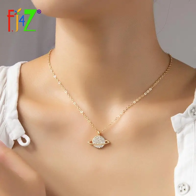 

F.J4Z 2021 Trend Planets Pendant Necklace for Women Vintage Enamel Rhinestone Universe Charm Statement Necklace Jewelry Gifts