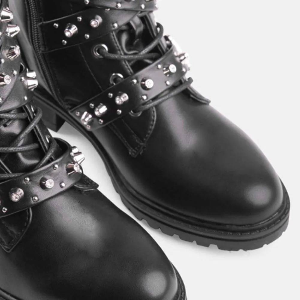 

BONJOMARISA Girl INS Rivet Buckle Low Heel Ankle Boots Zipper Chunky Platform Motorcycle Buckle Boots Women Design Shoes Woman