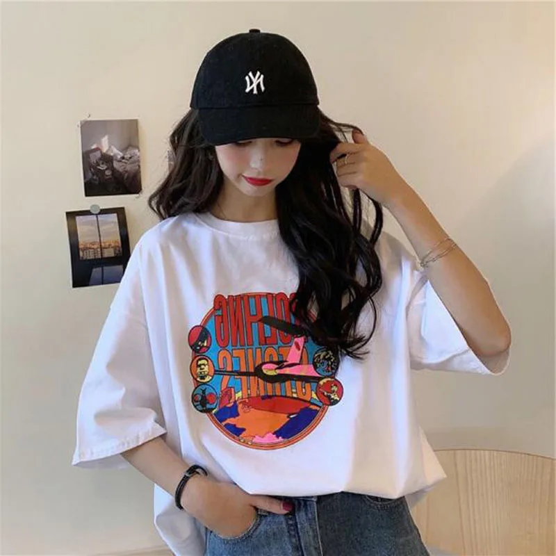 

European American Style T-shirt Women Vintage Retro Print Short Sleeve O Neck Women Tops Casual One Size Tee shirt Femme