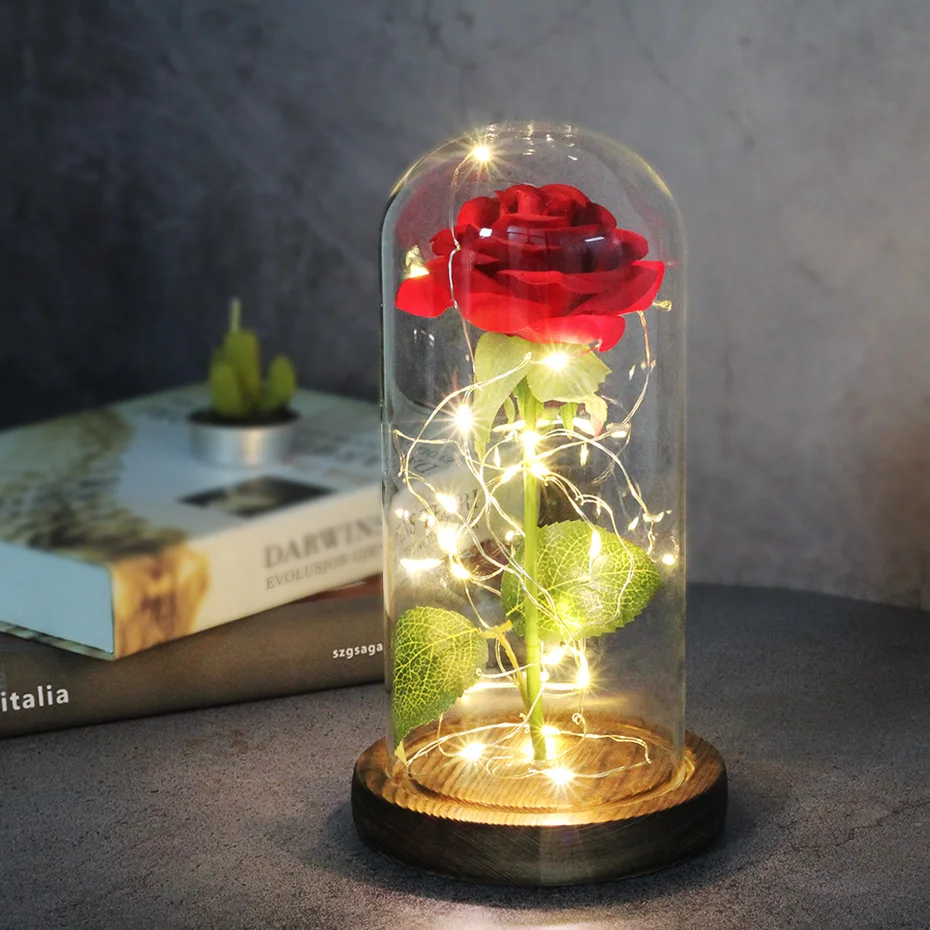

Artificial Flowers Eternal Rose LED Light Beauty The Beast In Glass Cover Wedding Home Decor For Birthday Christmas Mariage Gift