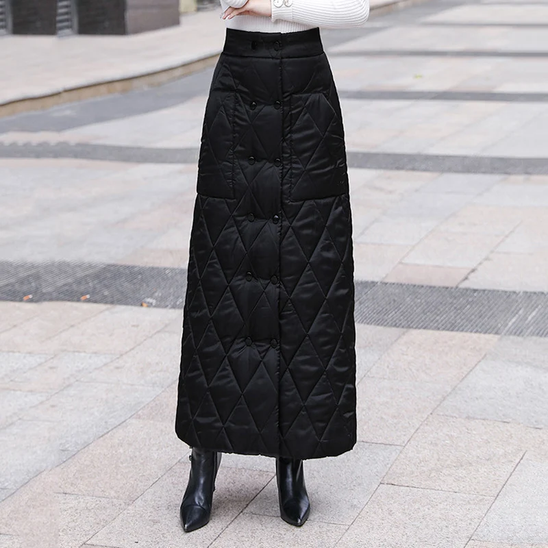 Женская длинная юбка на пуговицах черная Повседневная Свободная из хлопка с
