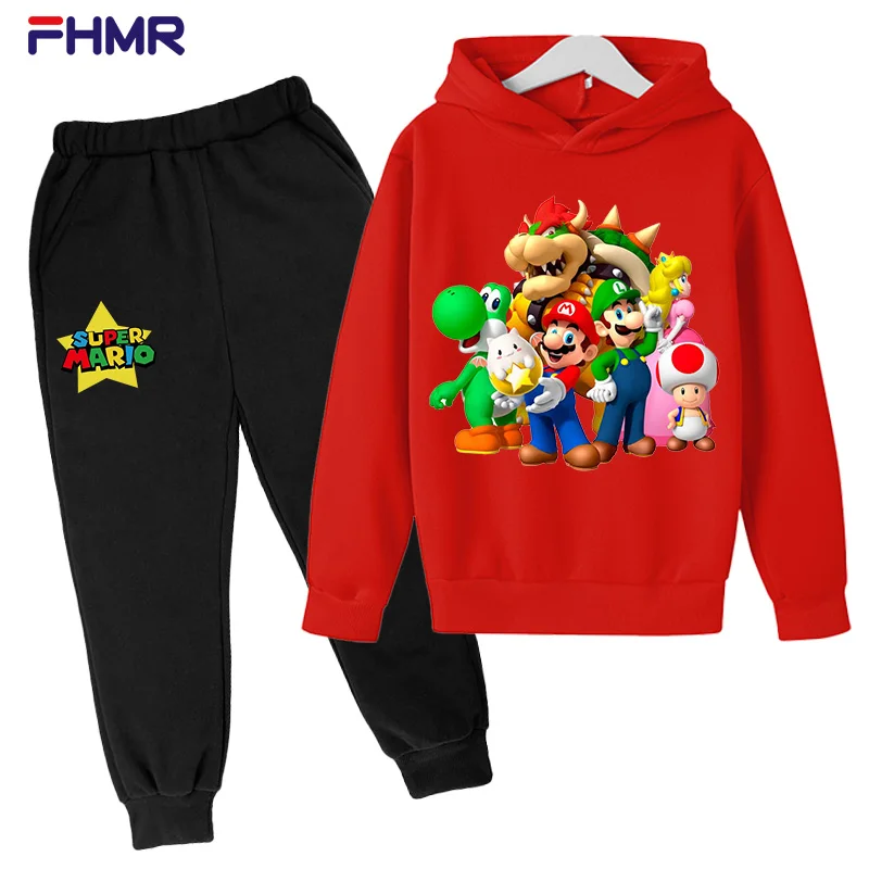 

От 2 до 12 лет новая детская спортивная одежда с капюшоном и брюками с принтом Super Mario для мальчиков и девочек Тонкий костюм с длинными рукавам...