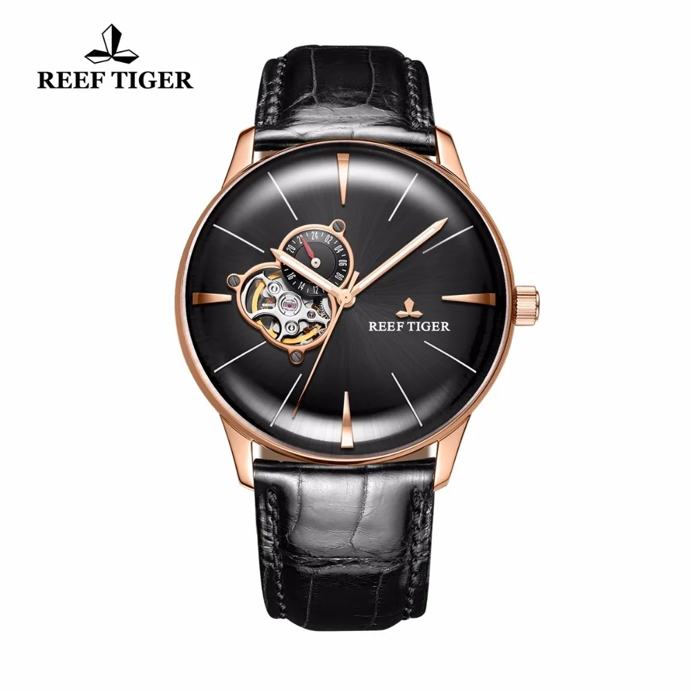 Reef Tiger/ мужские нарядные часы Топ бренд класса люкс автоматические из натуральной кожи розовое золото Аналоговые водонепроницаемые часы Relogio Masculino