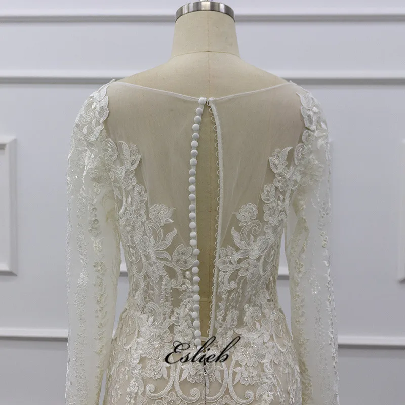 

Eslieb 2020 Designer mermaid wedding dress real work full lace bridal make up button Back long sleeves wedding dresses 2020