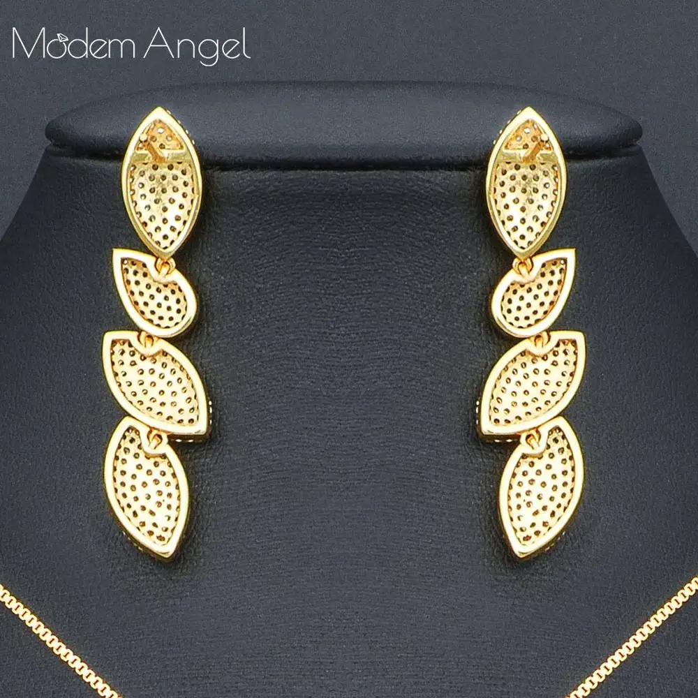 ModemAngel Luxury Geometry Elegant Design Cubic Zirconia Crystal Long Drop Earring Necklace Vintage Jewelry Set for Women | Украшения и