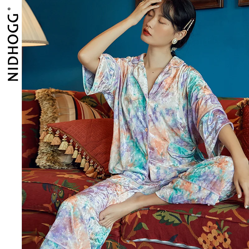 

New Velvet Warm Pajamas Winter Fashion Lapel Loose Printing Sleepwear Long Sleeve Two Piece Set Loungewear Women Sexy Nightwear