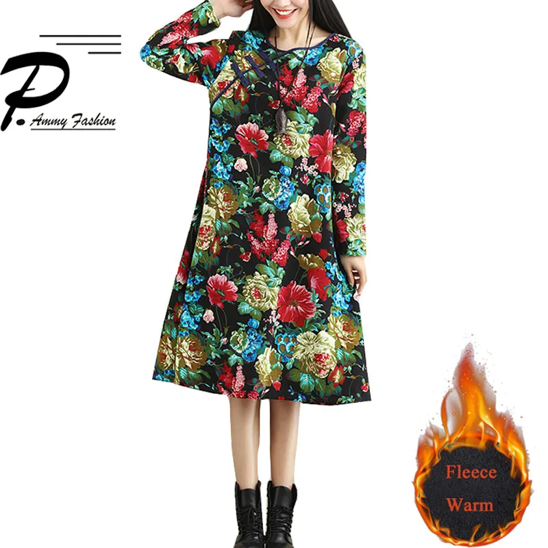 Зимнее флисовое утепленное платье средней длины с цветочным принтом Женское
