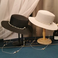 2021 fashion summer pearl chain flat sun hats for women chapeau feminino straw hat panama cappelli beach bucket cap girl topee