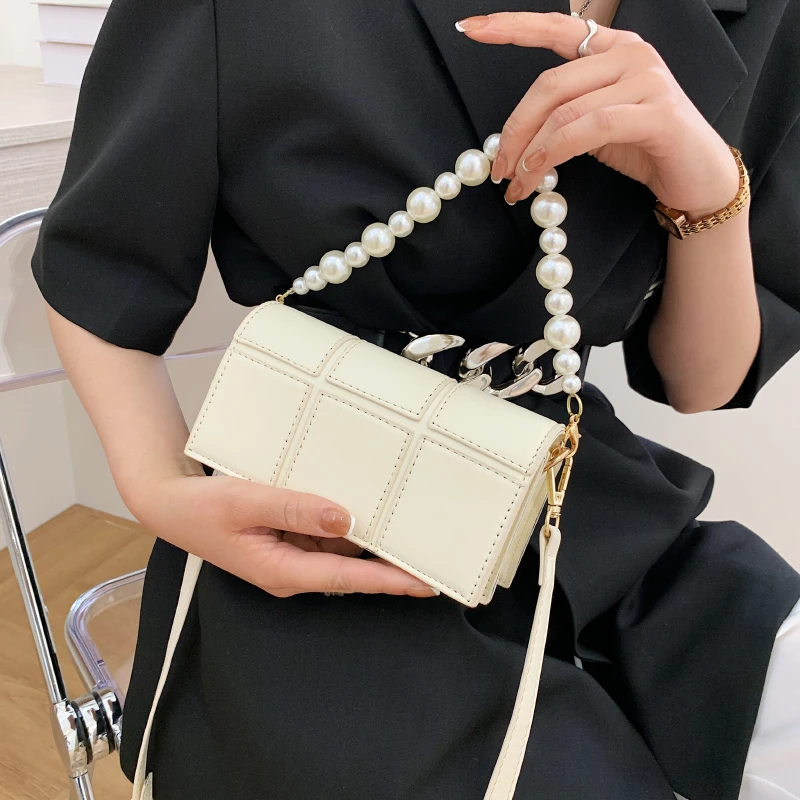 

Pearl Beading Solid Color Mini PU Leather Crossbody Bags For Women 2021 Summer Shoulder Clutch Ladies Handbags And Purses