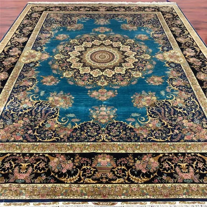 Koop 275X366Cm Blauw Perzisch Tapijt Handgeknoopte Koninklijke Zijde Tapijt Zijden Tapijt Luxe Villa Gebied Tapijt