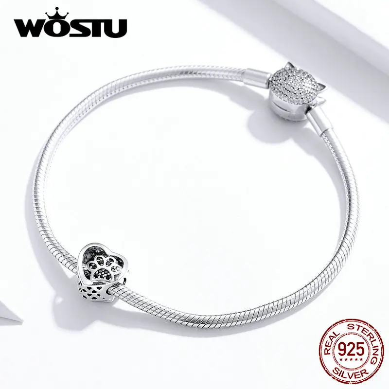 WOSTU 925 пробы серебро сердце лапа собаки бусины черная эмаль Циркон Шарм Подходит браслет DIY ювелирных изделий BKC1191-BK