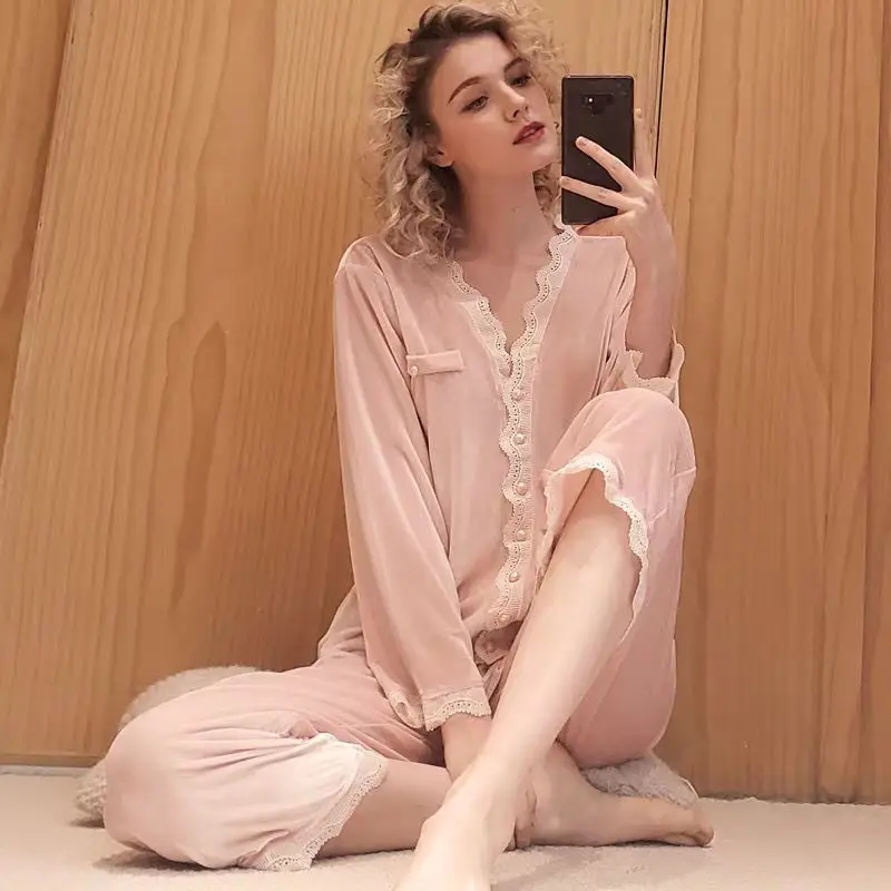 

Two Pieces Long Sleeve Lace Velvet Pajamas Set Pink Fashion Summer Women Cardigan Outfit