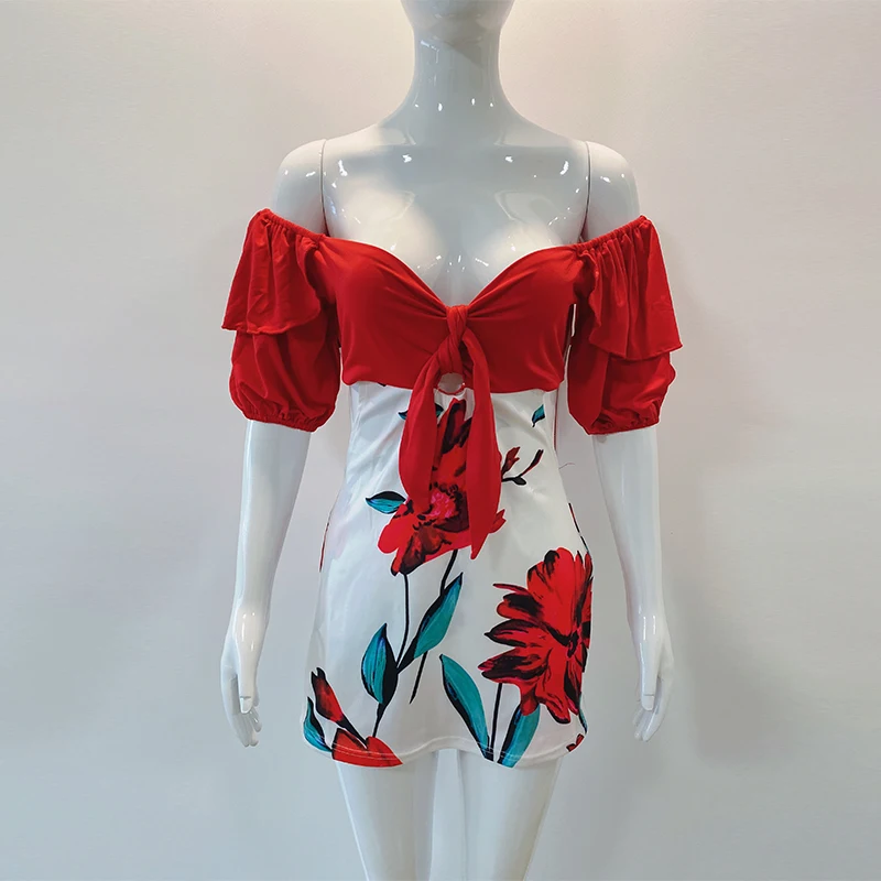 

Women Short Set Floral Tie Front Crop Short Top & Mini Shorts Skirts Set Summer Suit