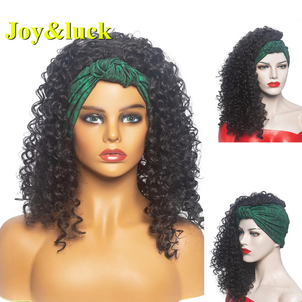 Joy & удачу Короткие афро кудрявый парик с головной повязкой Искусственные парики
