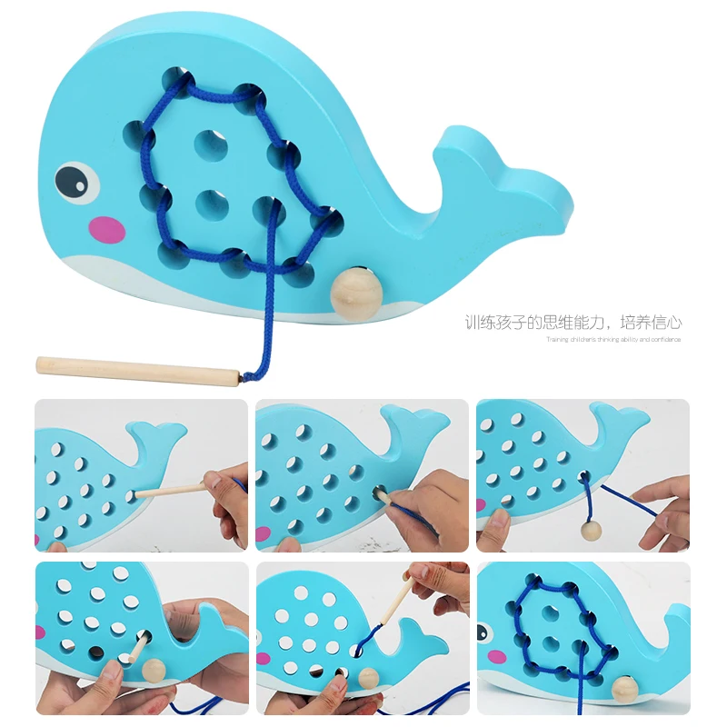 

Wooden Education Baby Kindergarten Cartoon Animal Plaything Early Learning Education Toys Montessori Teaching Aids Wear Rope toy