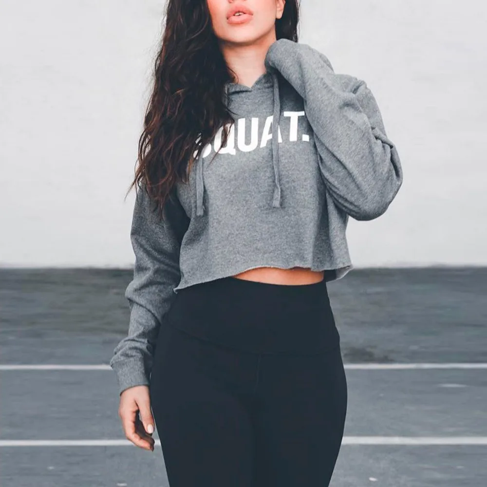 JENYAGE Women Gym Workout Tops Autumn Winter Fall Clothes Long Sleeve Letter Print Fitness Sport Running Hoodies Crop Top Yoga Shirt