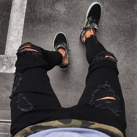 Мужские зауженные рваные джинсы, черные зауженные брюки с дырками, Стрейчевые брюки в стиле хоп, 2020