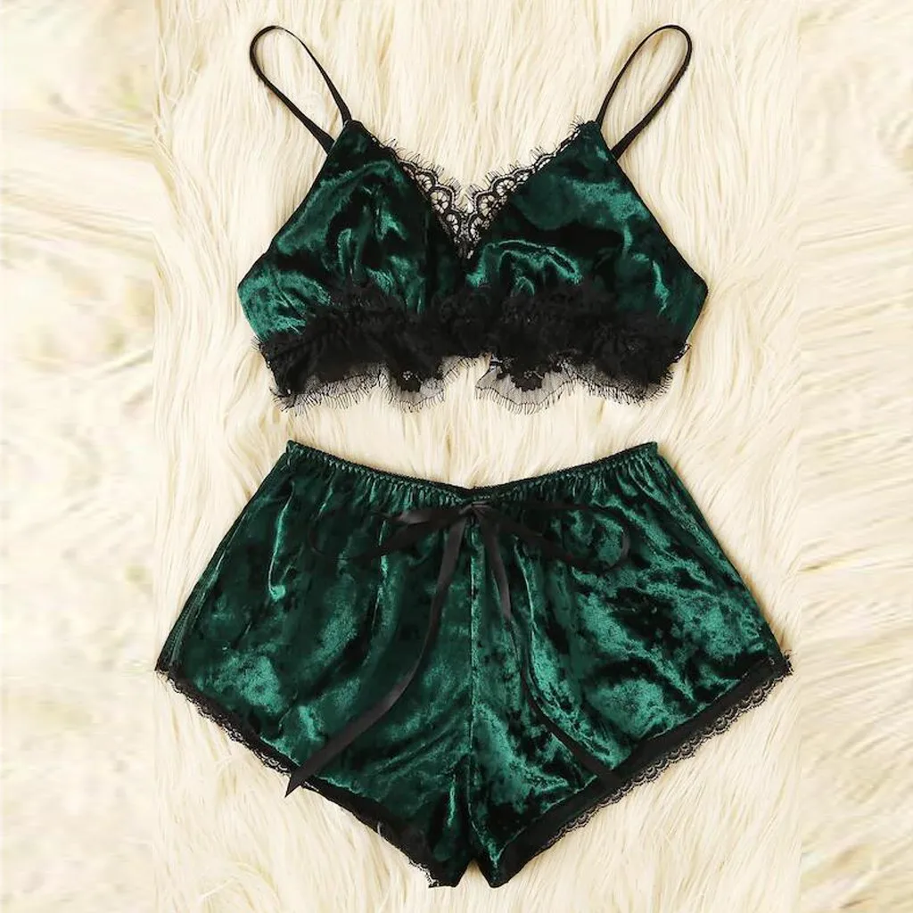 Женские привлекательные пижамные комплекты зеленая бархатная майка кружевной