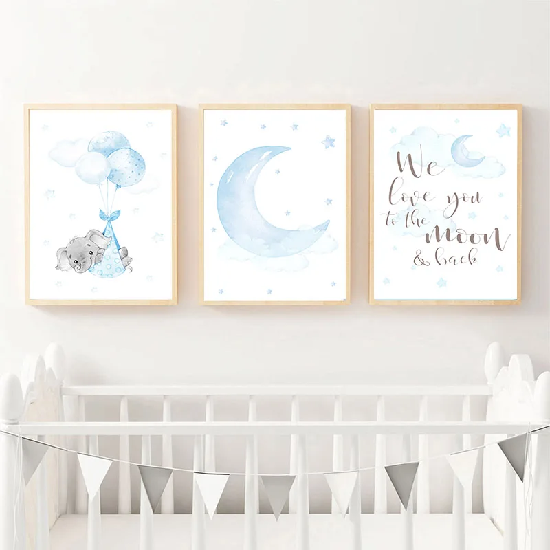 Слон луна воздушный шар холст плакат для детской стены искусство живопись синий