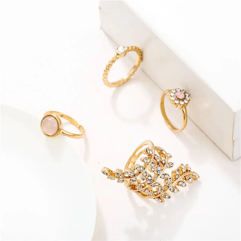 

4Pcs/Sets Charms Gold Color Tree Branch Leaves Open Ring Set for Women Girl Wedding Rings 3 Size Knuckle Finger Ring Jewelry