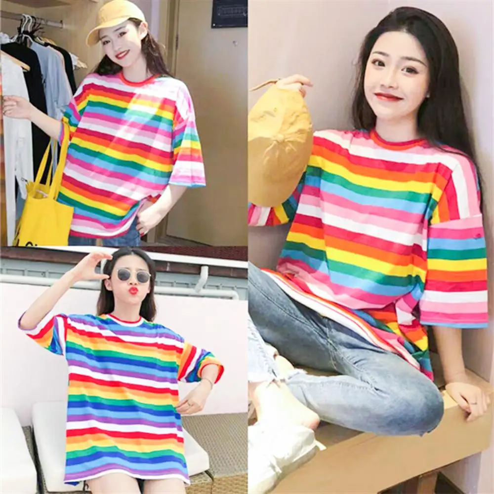 Горячая Футболка женская Радужная полосатая футболка 2019 летняя Корейская