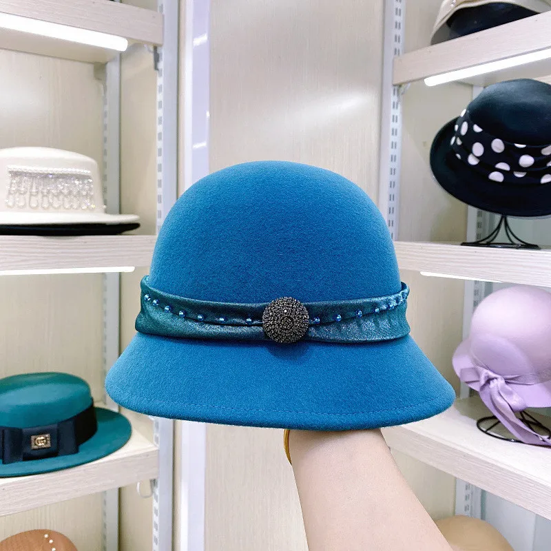 

202109-2508448 winter japan style wool Satin ribbon Shiny Rhinestone ball lady bucket cap women leisure hat
