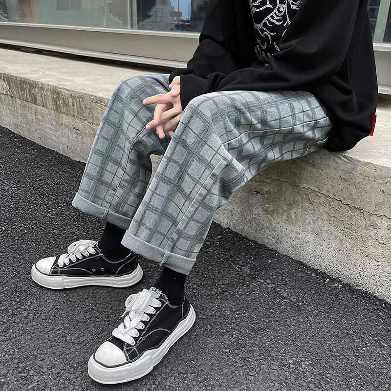 Men's Jeans Checkerboard High End Straight Loose New Gray Couples Movement College 2021 Trousers Fashion Free Shipping