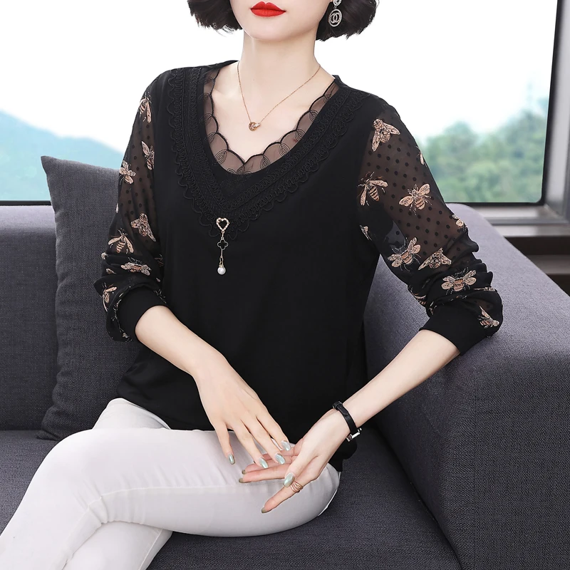 

Женская трикотажная шифоновая блузка с длинным рукавом и V-образным вырезом