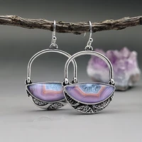 bohemian wind hanging purple chalcedony crystal agate earrings silver oxide retro gem earrings bridal jewelry christmas gift