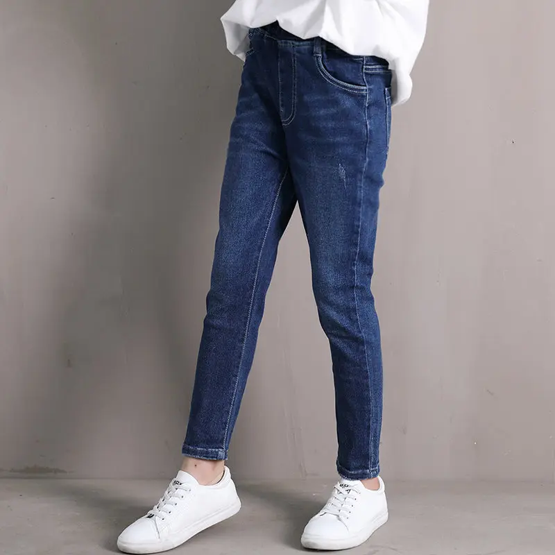 Модные стильные детские джинсы повседневные джинсовые штаны для девочек темно