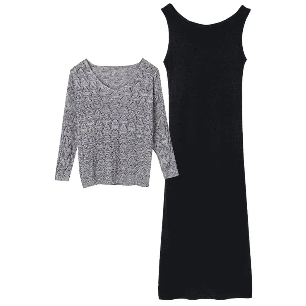 

Fashion Women Solid Color Long Sleeve V Neck Knit Pullover Top Vest Dress Set feamle sweater set dress