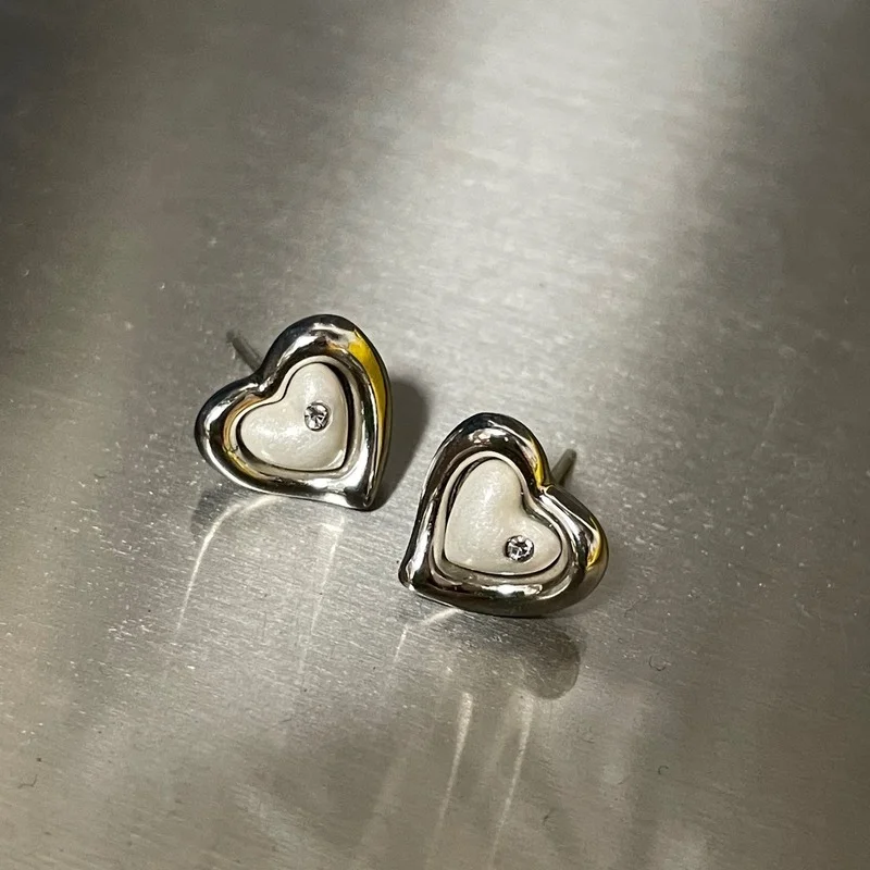 

Silver Love Earrings with fire paint Pearl Earrings heart earrings