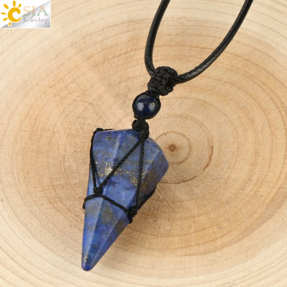 Lapis Lazuli Csja натуральный каменный конус Подвески Кристалл кварц Черная веревка обернутая лечение мужские т камни ожерелье для мужчин женские модные ювелирные изделия G173 - Окраска металла: Lapis Lazuli