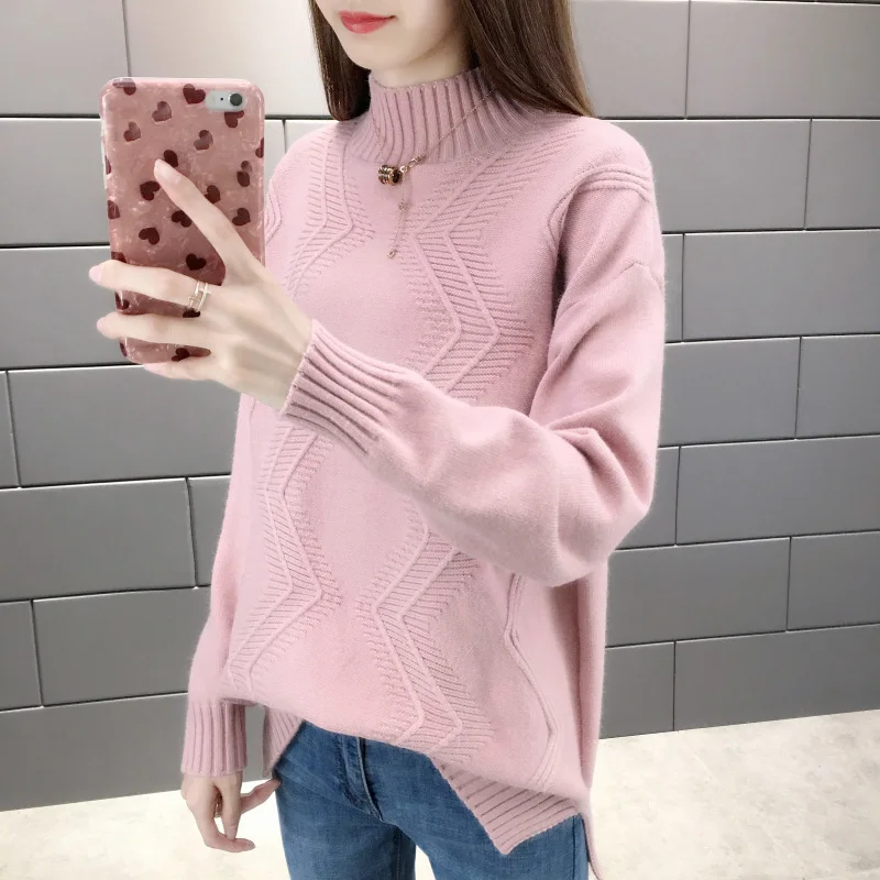 

2019 Повседневный Женский Зимний пуловер, модный вязаный свитер с полувысоким воротником, свободная рубашка с круглым вырезом и полосками, же...