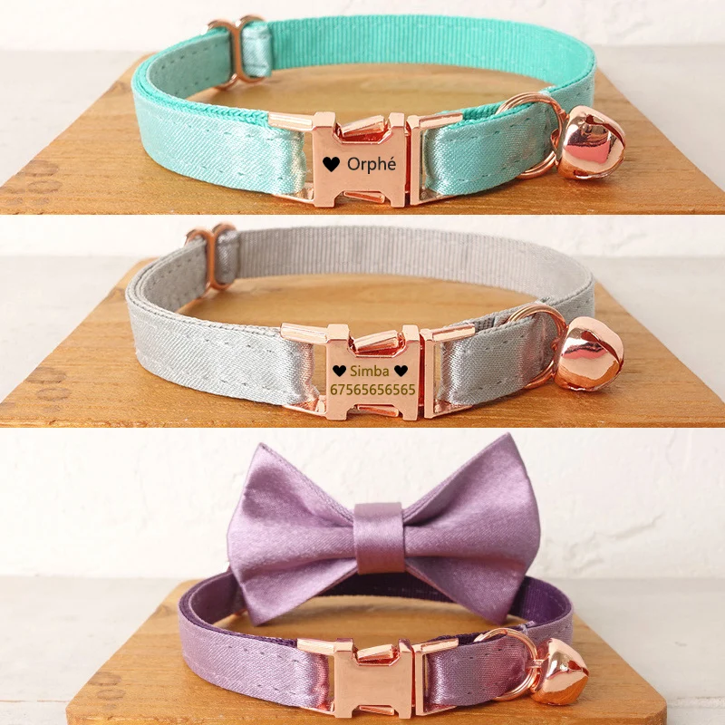 Fabric Satin Personalized Cat Collar with Bell Bow tie Soft Necklace Engraving Tag Custom Collar for Cats Kitten Small Dog Puppy