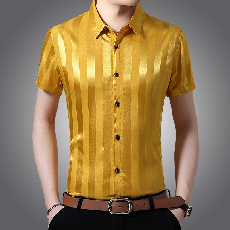 New Summer Male Silk Shirts Casual Man Soft Silk Clothes Short Sleeve Striped Dress Shirt Free Shipping